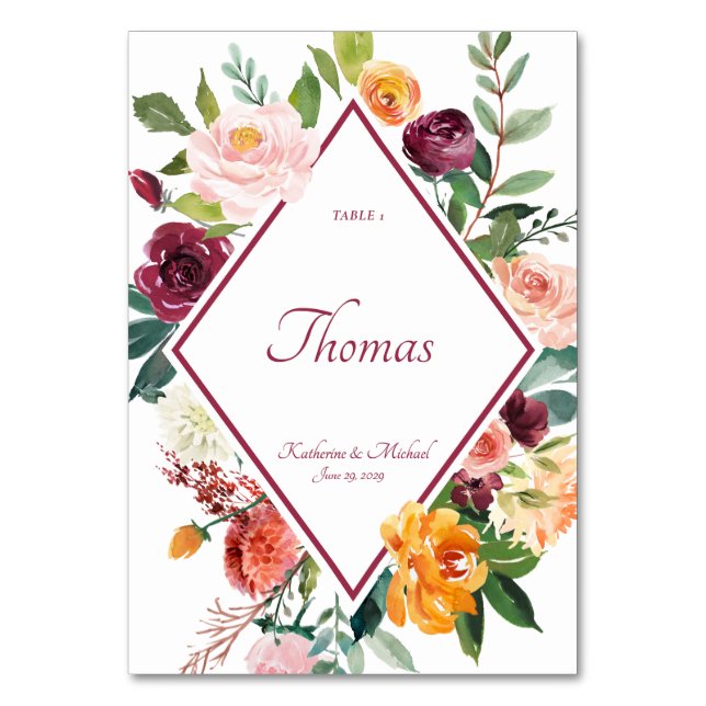 Rustic Fall Flowers Wine Red Place Card (Front)