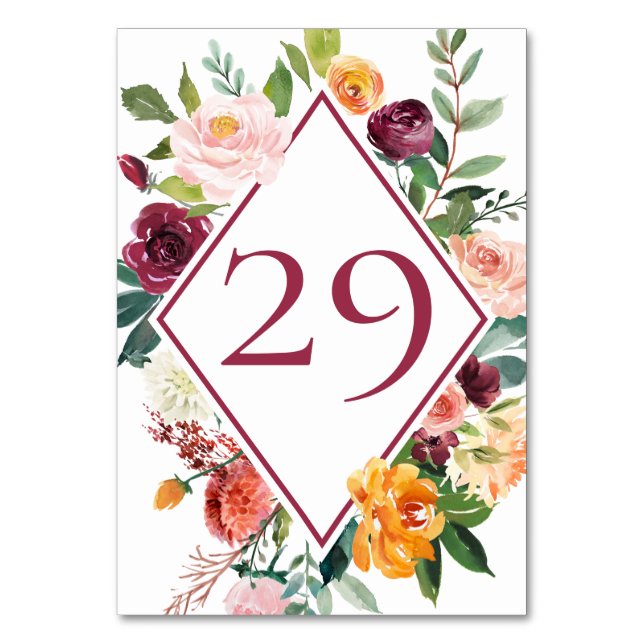 Rustic Fall Flowers Wine Red Table Numbers 29 (Front)