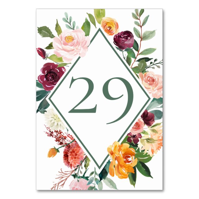 Rustic Fall Flowers Wine Sage Green Numbers 29 Table Number (Front)