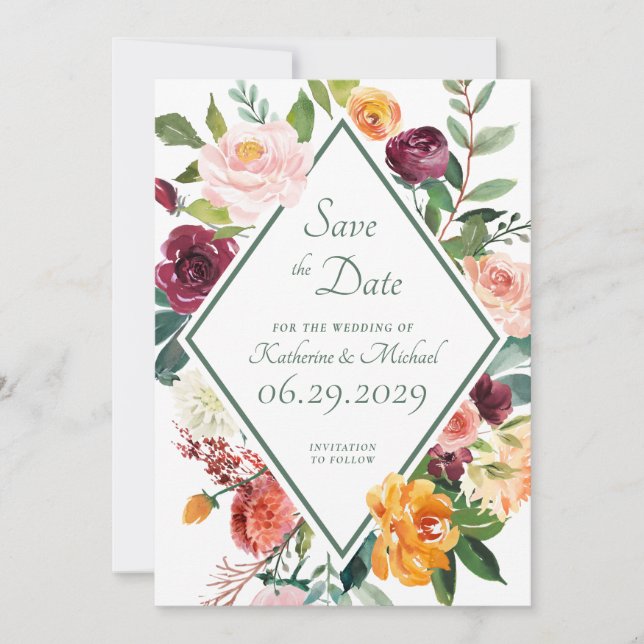 Rustic Fall Flowers Wine Sage Green The Date Cards (Front)