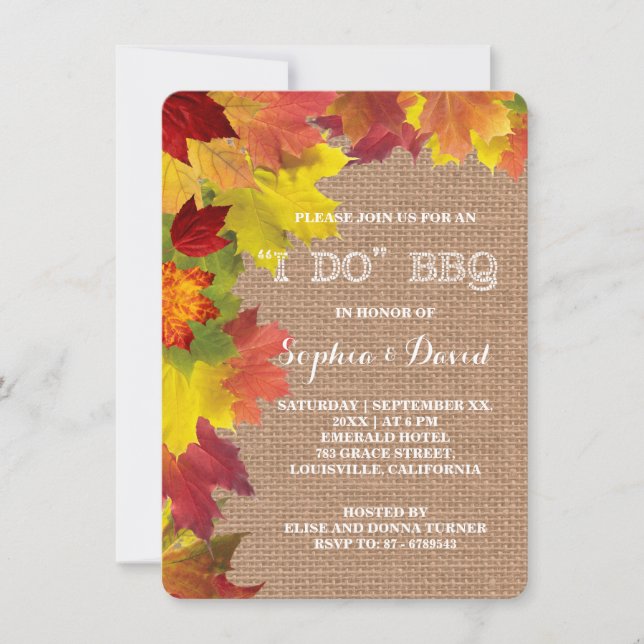 Rustic Fall Foliage Burlap I DO BBQ Invitation (Front)