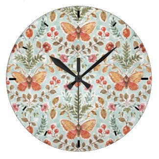 Rustic Fall Foliage Watercolor Pattern Teal Large Clock