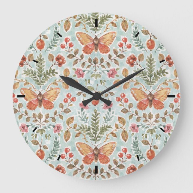 Rustic Fall Foliage Watercolor Pattern Teal Large Clock (Front)