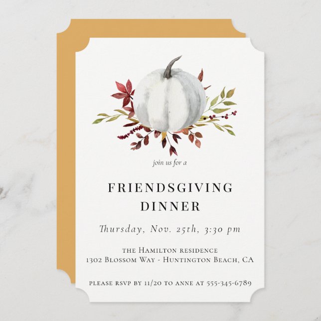 Rustic Fall Foliage White Pumpkin Friendsgiving Invitation (Front/Back)