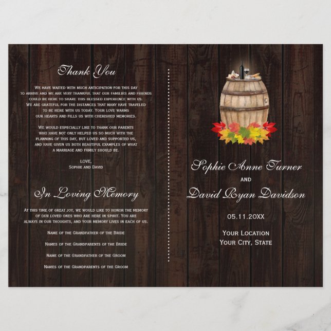 Rustic Fall Foliage Wine Barrel Wedding Program (Front)