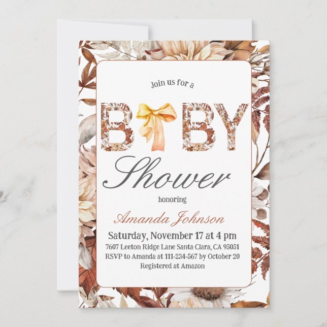 Rustic Fall Framed Brown Bow Baby Shower Invitation (Front)