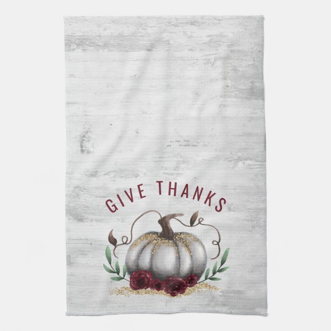 Rustic Fall Give Thanks Pumpkin Kitchen Towel (Vertical)