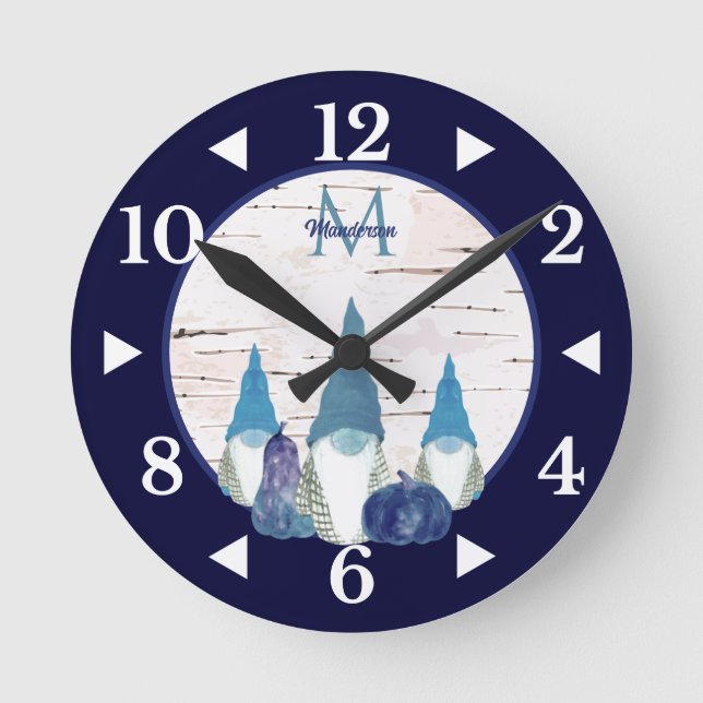 Rustic Fall  Gnome Navy n Dusty Blue pumpkin Round Clock (Front)
