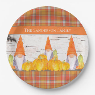 Rustic Fall Gnome orange plaid pumpkin Paper Plate