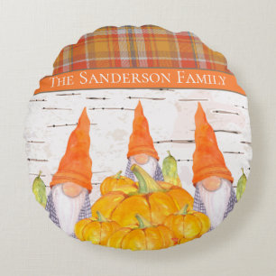 Rustic Fall Gnome orange plaid pumpkin Round Pillow