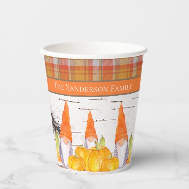 Rustic Fall Gnome pumpkin orange plaid Paper Cups (Front)