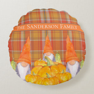 Rustic Fall Gnome pumpkin orange plaid Round Pillow