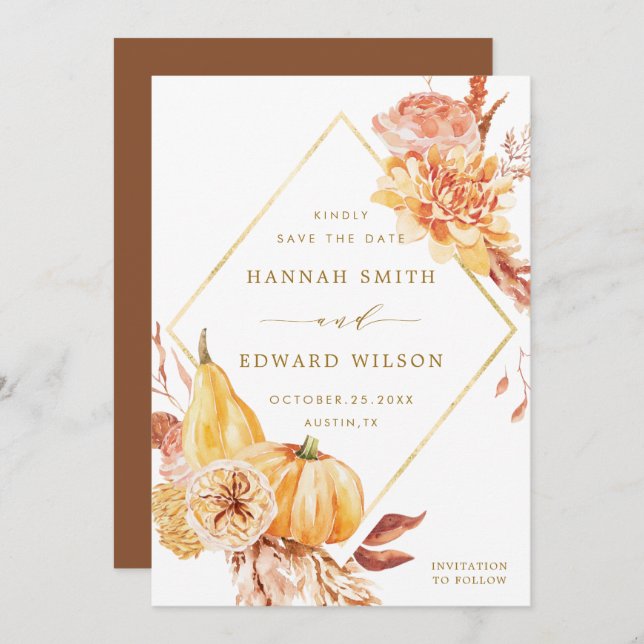 Rustic Fall Gold Floral Orange Pumpkin Wedding Save The Date (Front/Back)