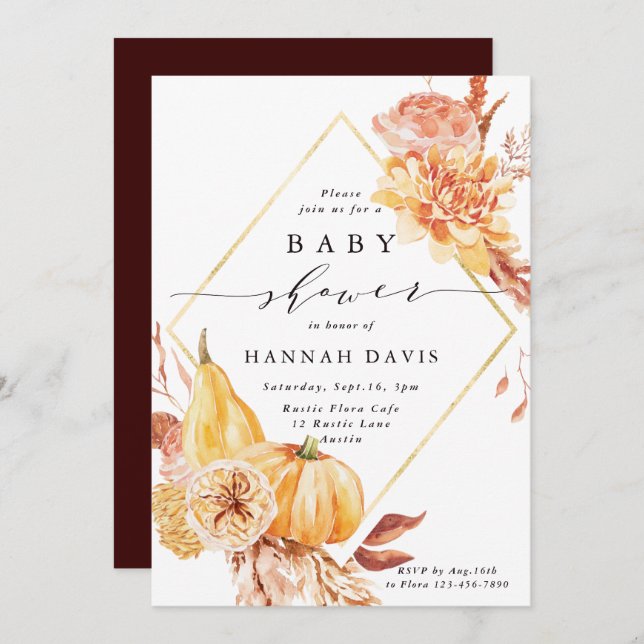 Rustic Fall Gold Floral Pumpkin Baby Shower Invitation (Front/Back)