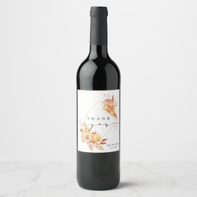 Rustic Fall Gold Floral Pumpkin Custom Thank You Wine Label (Front)