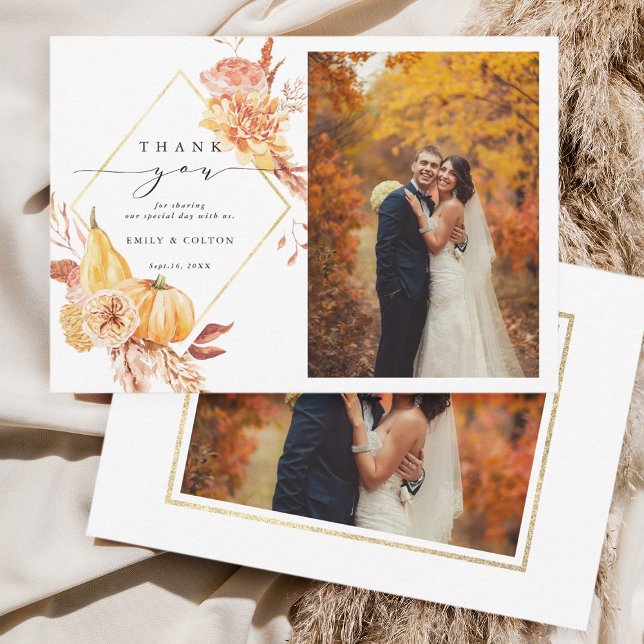 Rustic Fall Gold Floral Pumpkin Wedding 2 Photo  Thank You Card (Front & Back)
