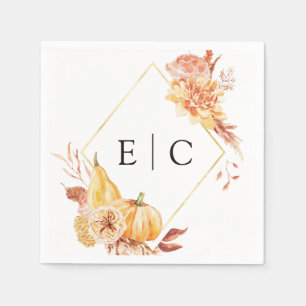 Rustic Fall Gold Floral Pumpkin Wedding Monogram Napkin