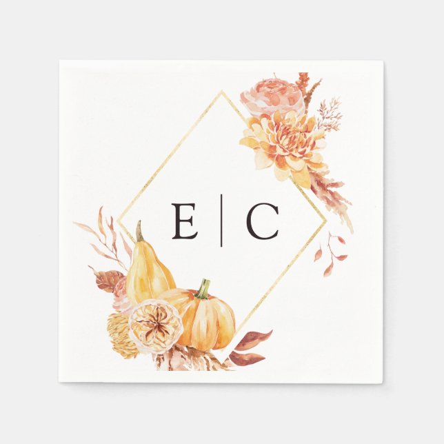 Rustic Fall Gold Floral Pumpkin Wedding Monogram Napkin (Front)