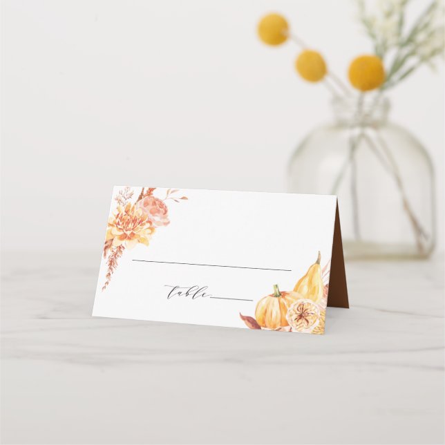 Rustic Fall Gold Floral Pumpkin Wedding Place Card (Front)