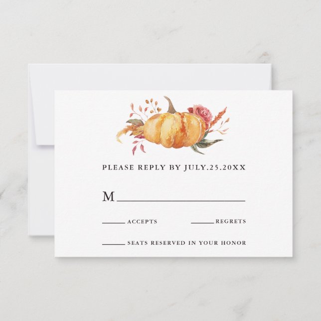 Rustic Fall Gold Floral Pumpkin Wedding RSVP Card (Back)