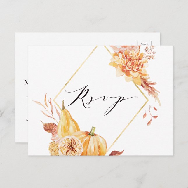 Rustic Fall Gold Floral Pumpkin Wedding RSVP Postcard (Front/Back)