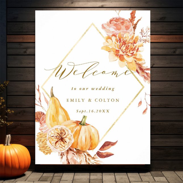Rustic Fall Gold Floral Pumpkin Wedding Welcome  Poster (Creator Uploaded)