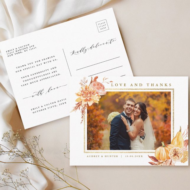 Rustic Fall Gold Floral Wedding Photo Thank You Postcard (Front & Back)