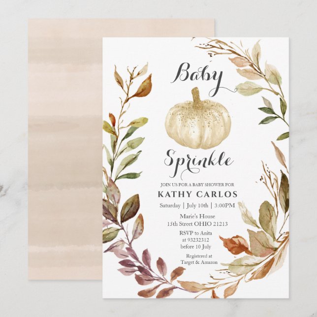 Rustic Fall Greenery White Pumpkin Baby Sprinkle  Invitation (Front/Back)