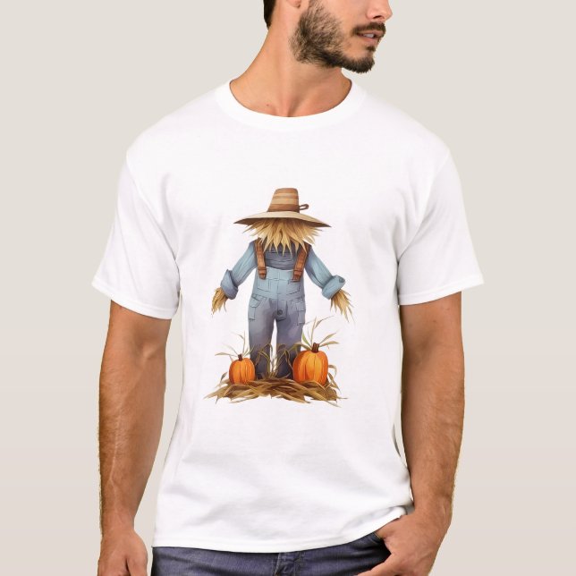 Rustic Fall Harvest Scarecrow & Pumpkins Graphic  T-Shirt (Front)