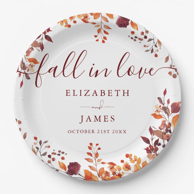 Rustic Fall In Love Autumn Fall Floral Wedding Paper Plate (Front)