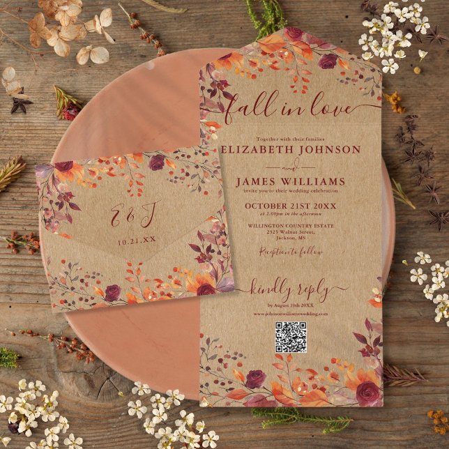 Rustic Fall In Love Autumn Floral QR Code Wedding All In One Invitation (Rustic Fall In Love Autumn Floral QR Code Wedding All In One Invitation)