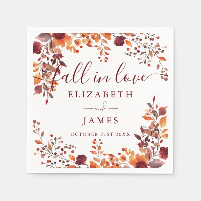 Rustic Fall In Love Autumn Floral Wedding Napkin (Front)