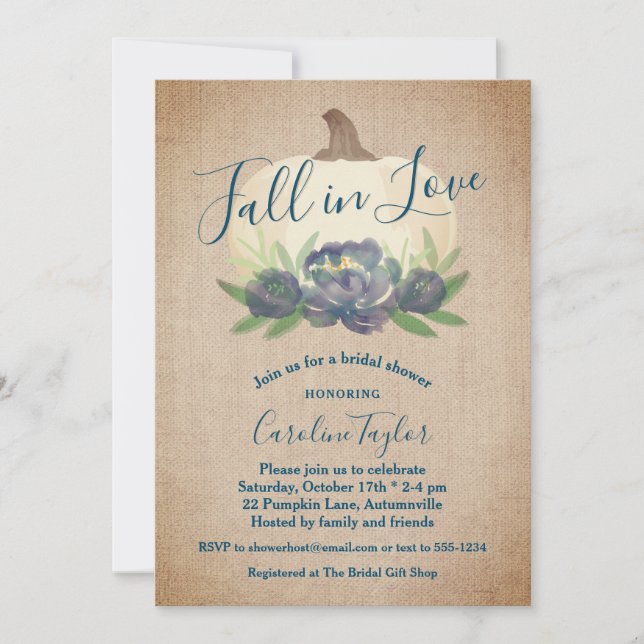 Rustic Fall in Love Blue Floral Bridal Shower Invitation (Front)