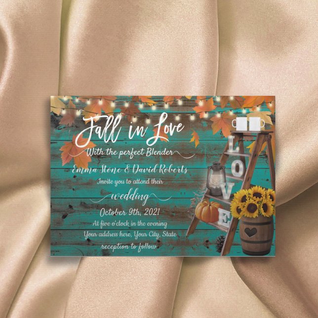 Rustic Fall in Love Perfect Blender Teal Wedding Invitation (Creator Uploaded)