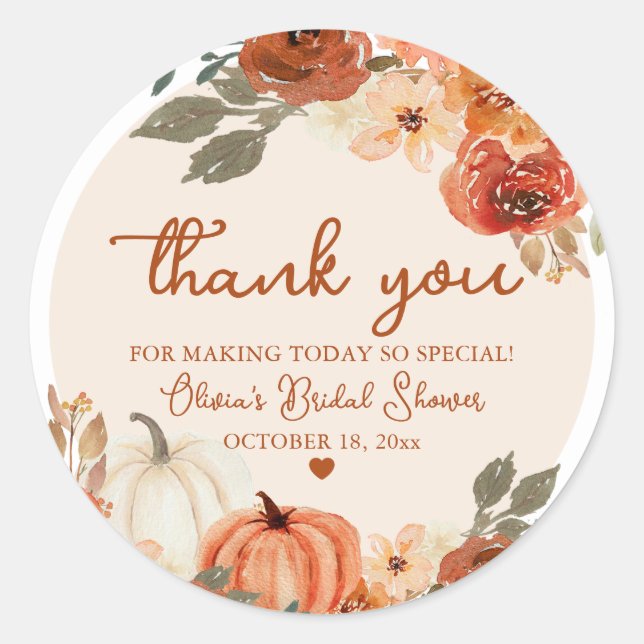 Rustic Fall in Love Pumpkin Autumn Bridal Shower Classic Round Sticker (Front)