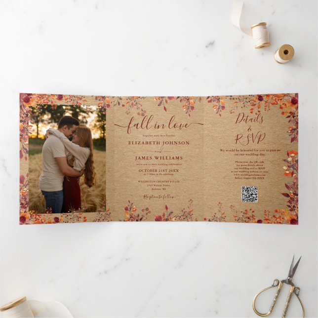 Rustic Fall In Love QR Code 2 Photo Wedding Tri-Fold Invitation (Inside)