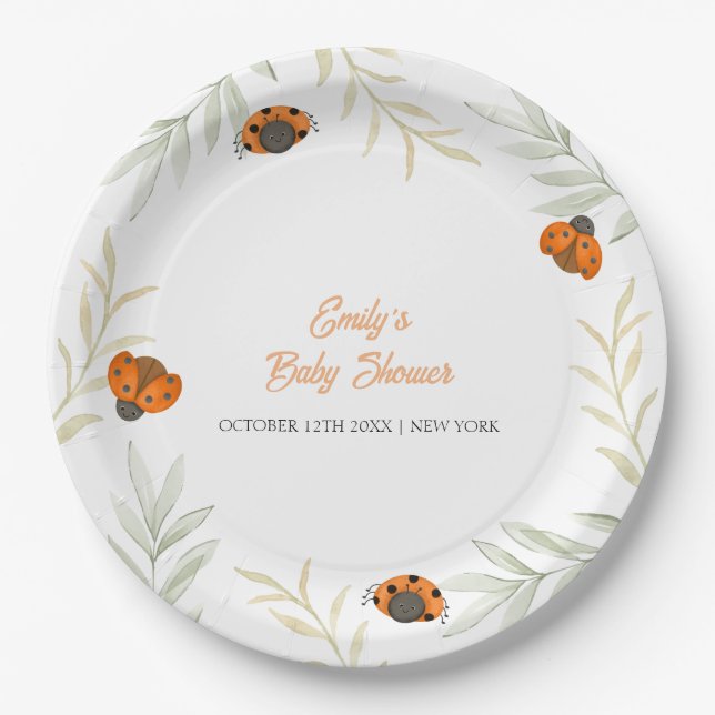 Rustic Fall Ladybug Greenery Baby Shower  Paper Plate (Front)