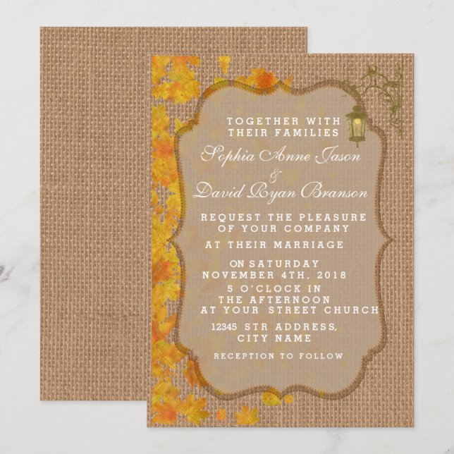 Rustic Fall Lamp Burlap Wedding Invitation (Front/Back)