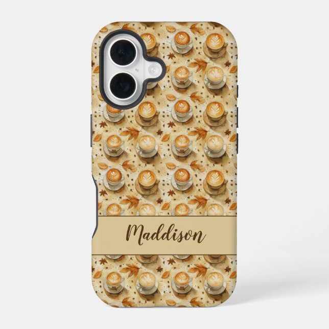 Rustic Fall Latte Pattern with Autumn Leaves iPhone 16 Case (Back)