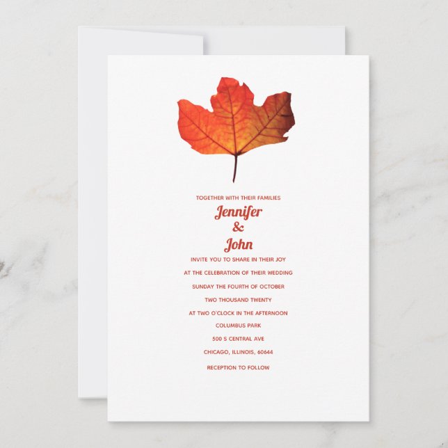 Rustic Fall Leaf Burnt Orange Maple Wedding 2024 Invitation (Front)