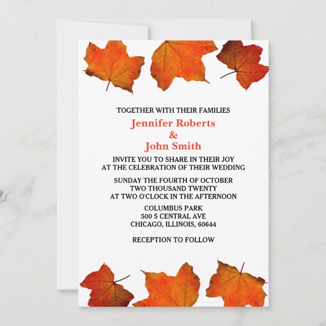 Rustic Fall Leaf Burnt Orange Maple White Wedding Invitation (Front)
