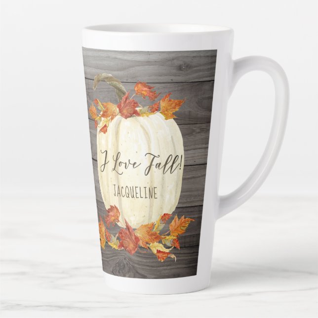 Rustic Fall Leaf Foliage White Pumpkin Name  Latte Mug (Right)