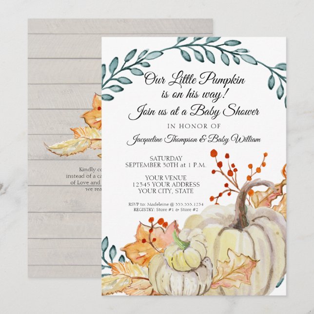 Rustic Fall Leaf n Wood Pumpkin Boy Baby Shower Invitation (Front/Back)