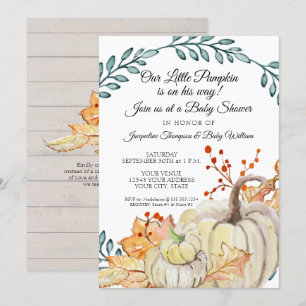 Rustic Fall Leaf n Wood Pumpkin Boy Baby Shower Invitation