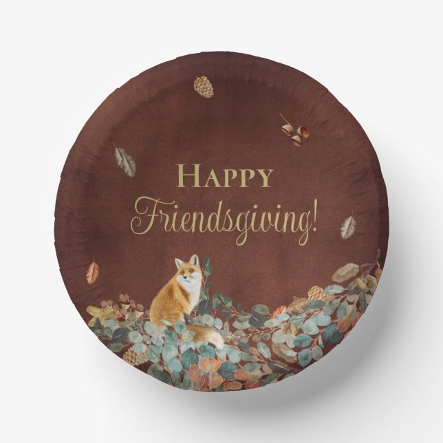 Rustic Fall Leaves and Fox Friendsgiving   Paper Plate (Front)