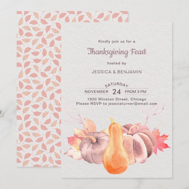 Rustic Fall Leaves And Pumpkin Thanksgiving Feast Invitation (Front/Back)