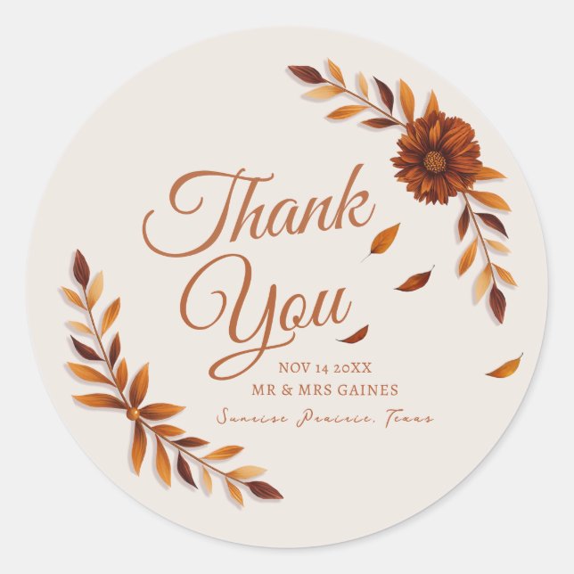 Rustic Fall Leaves Beige Wedding Thank You Classic Round Sticker (Front)