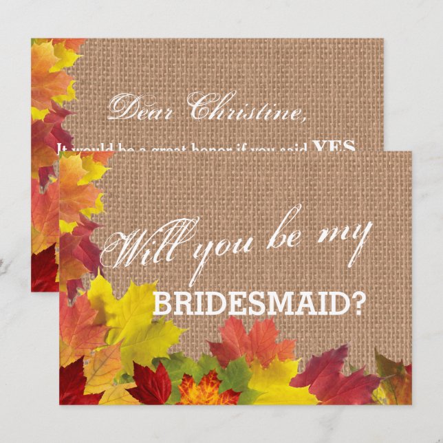 Rustic Fall Leaves Burlap BRIDESMAID Invitation (Front/Back)