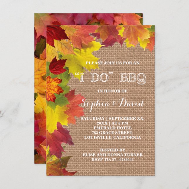 Rustic Fall Leaves Burlap I DO BBQ Invitation (Front/Back)
