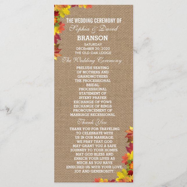 Rustic Fall Leaves Burlap Wedding Program Custom (Front)